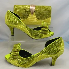 2022 New arrival Lemon Yellow Crystal Women wedding shoes and matching bags Peep toe High Pumps fashion Open Toe shoes and Purse