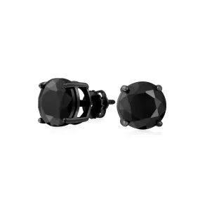 Black Round CZ Stud Earrings Screw Back Black Plated Sterling Silver