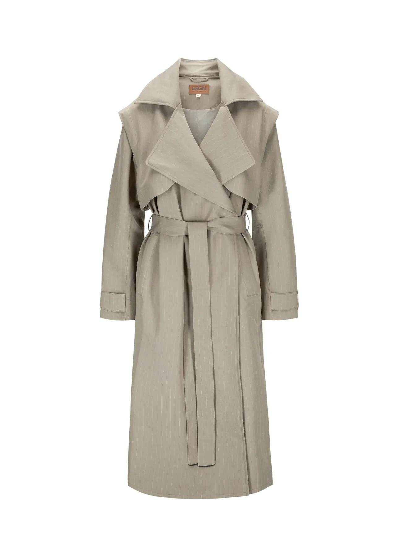 BRGN Regndrape Trench Coat Pinstripe Taupe