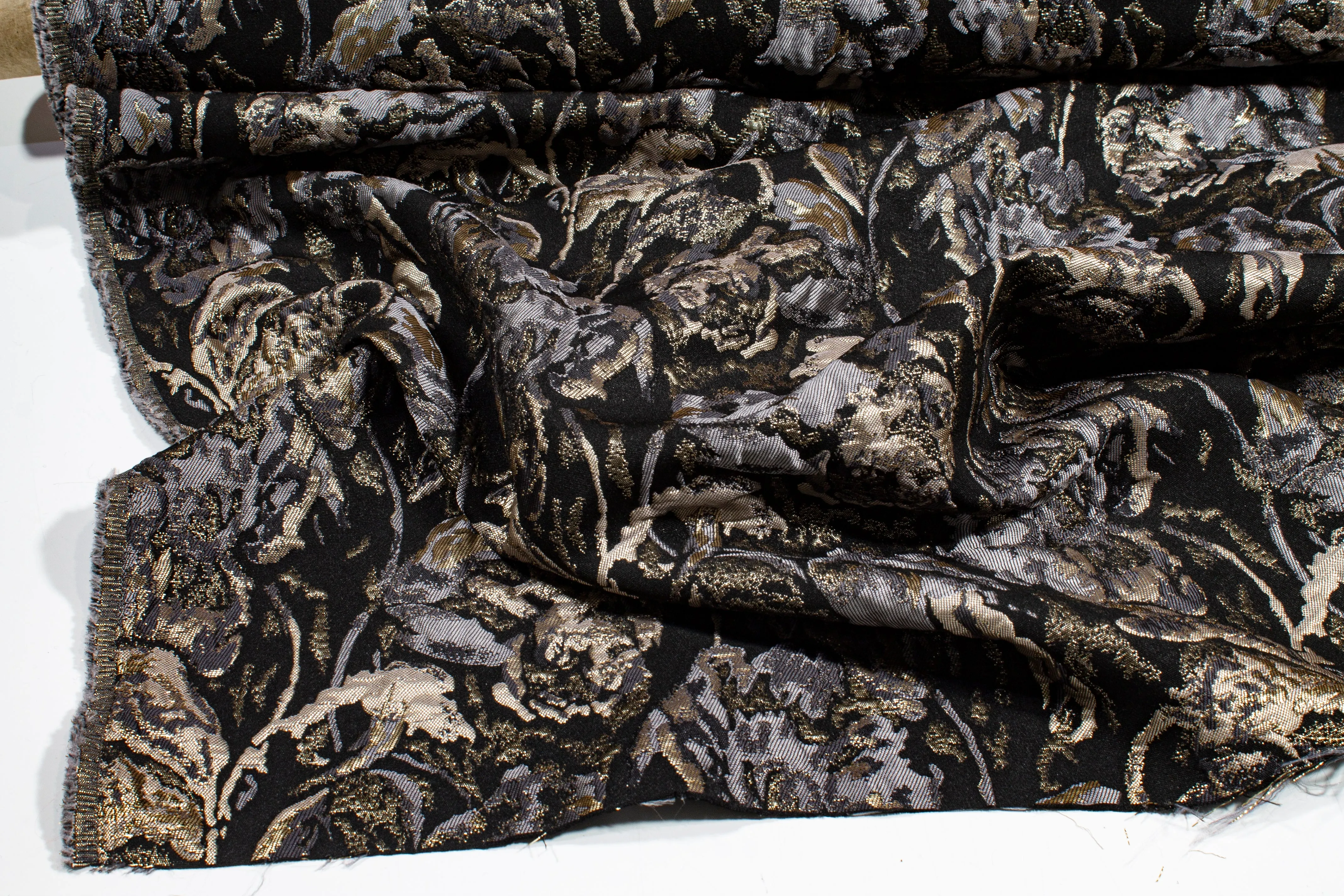 Crushed Floral Metallic Brocade - Black, Gray, Taupe