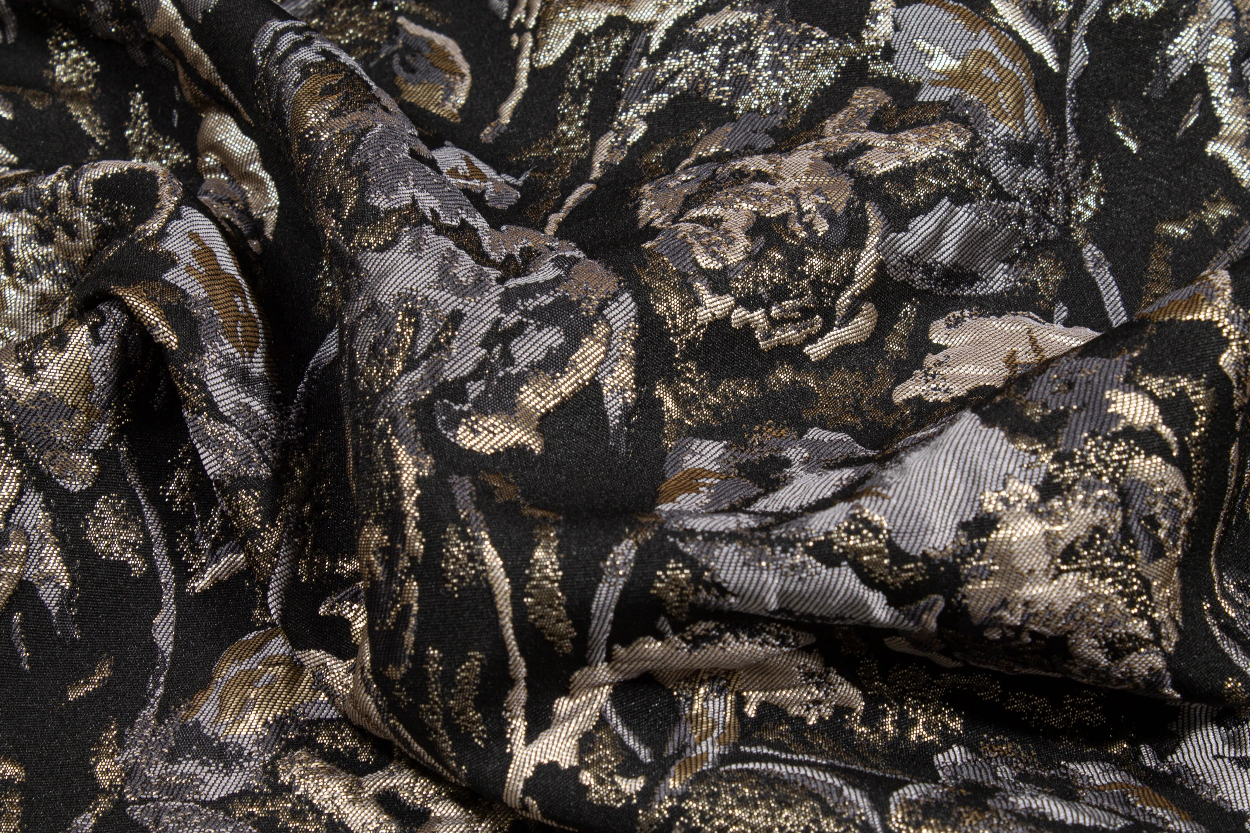 Crushed Floral Metallic Brocade - Black, Gray, Taupe