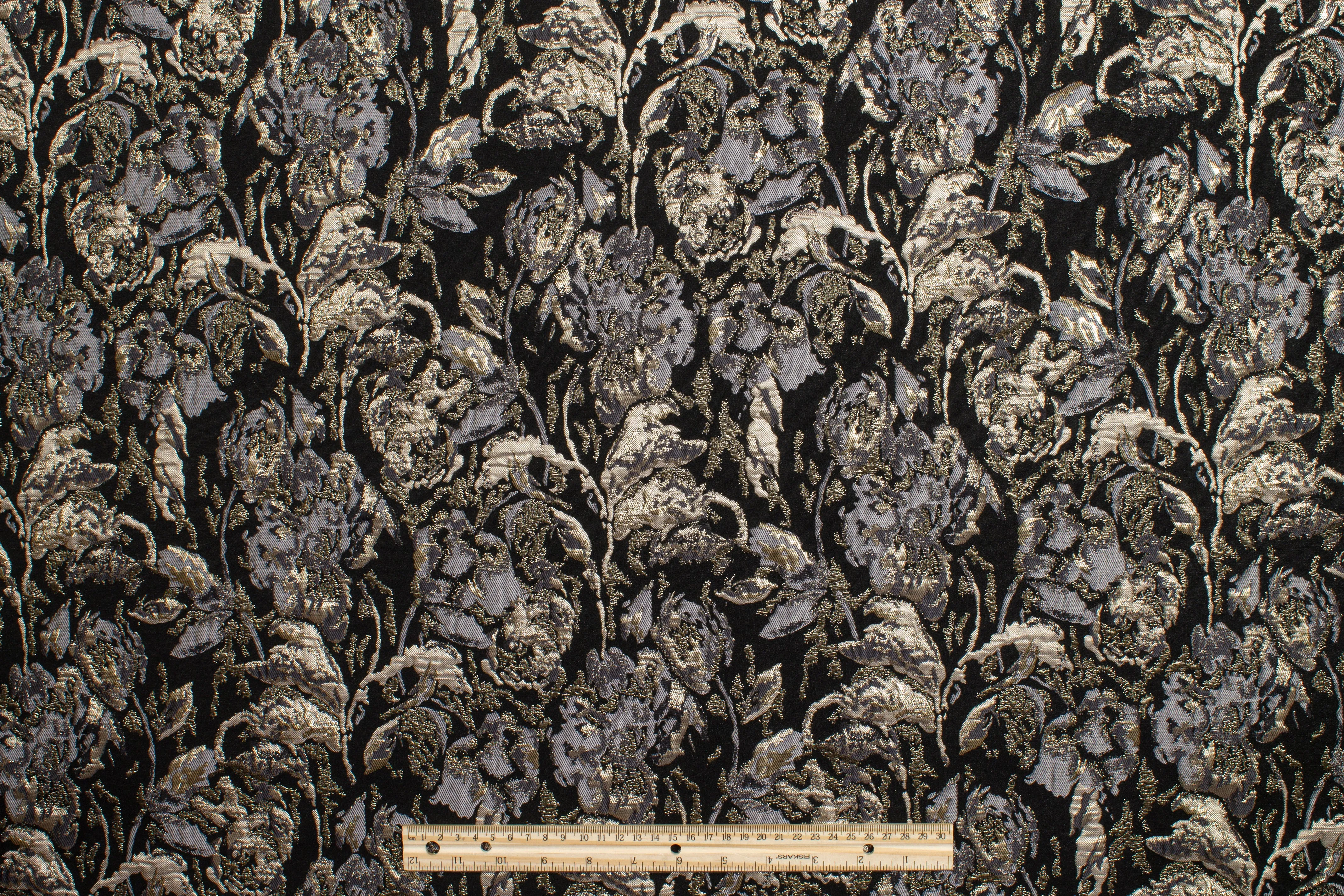 Crushed Floral Metallic Brocade - Black, Gray, Taupe