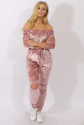 Pink Crushed Velvet Bardot Split Knee Jumpsuit - Binky