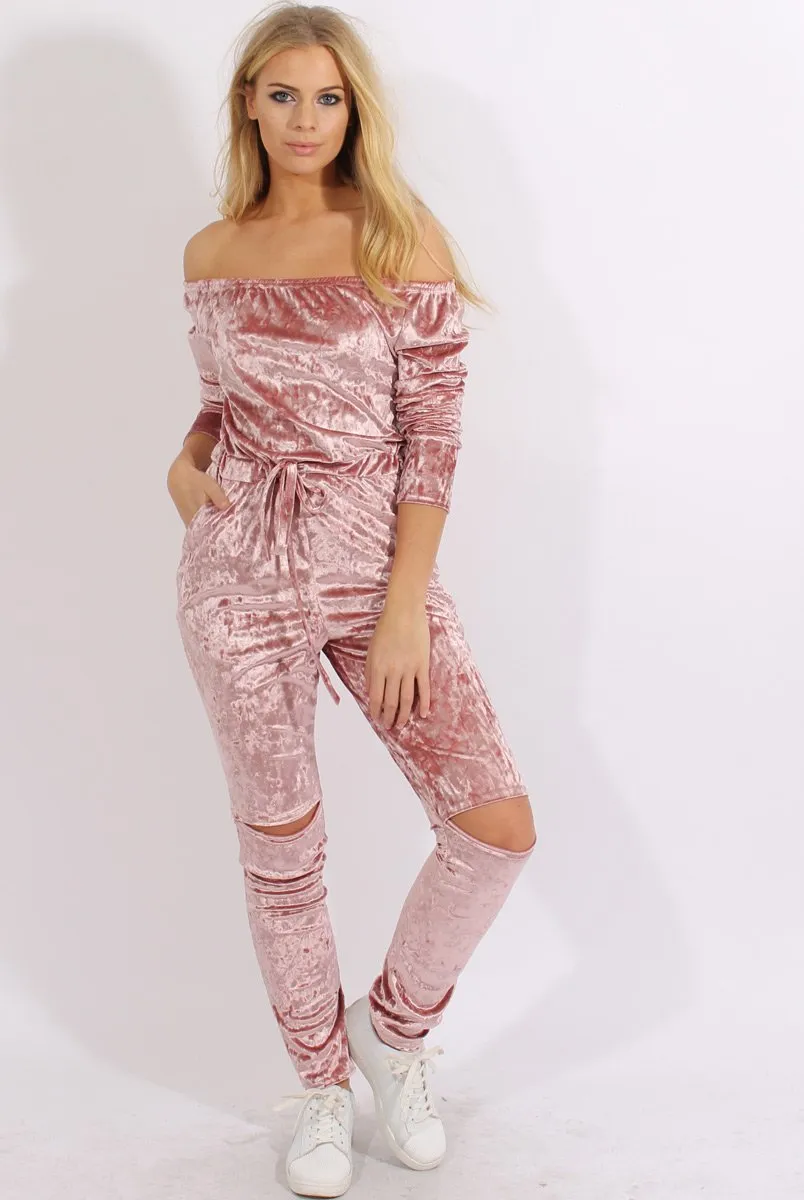 Pink Crushed Velvet Bardot Split Knee Jumpsuit - Binky